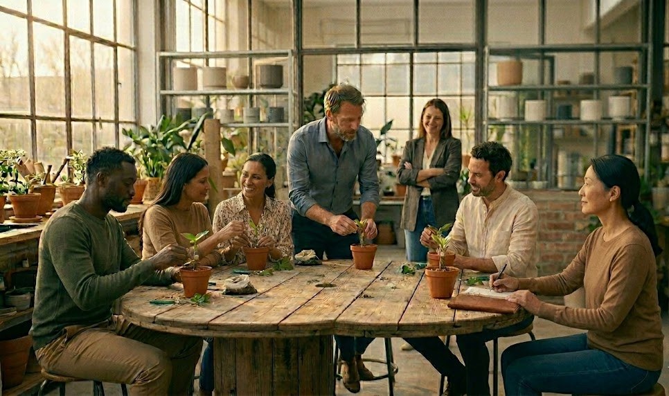 Groupe de managers en formation autour d'une table ronde, chacun soignant une jeune plante — métaphore de la greffe de compétences, coaching Eloya