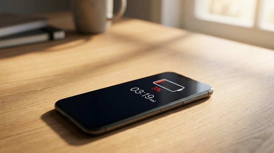 Téléphone à 3% de batterie posé sur un bureau — métaphore du stress de dirigeant, coaching Eloya